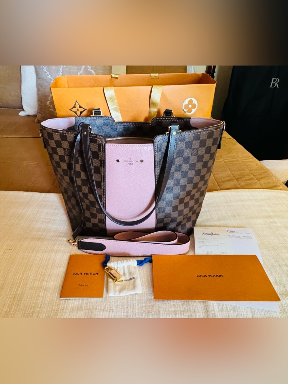 Louis Vuitton Pink and Brown Damier Ebene Tote with Detachable Strap